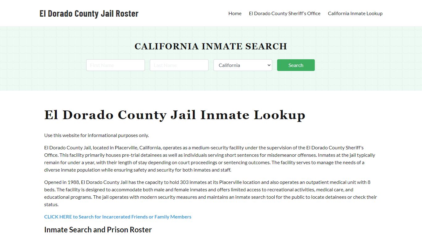 El Dorado County Jail Roster Lookup, CA, Inmate Search